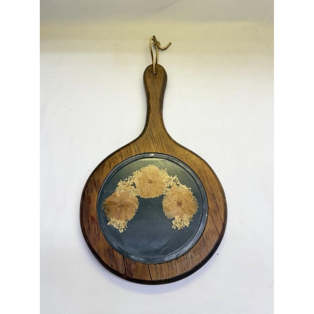 Wooden Hand Held Mirror W/ Pressed Flowers Round Vanity Dresser Handle